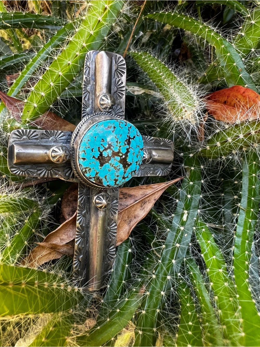 Sandra Nez Navajo Kingman Turquoise Sterling Silver Cross Ring Size 10 - Picture 2 of 15